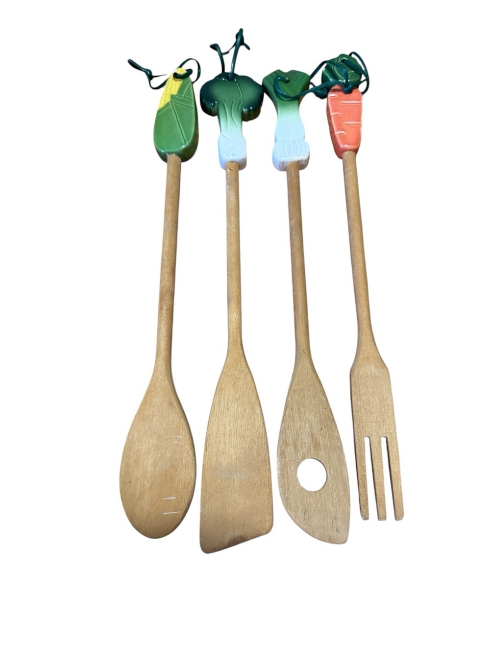 Vintage 4 Piece Wooden & Ceramic Veg Top Wooden Spoon Set